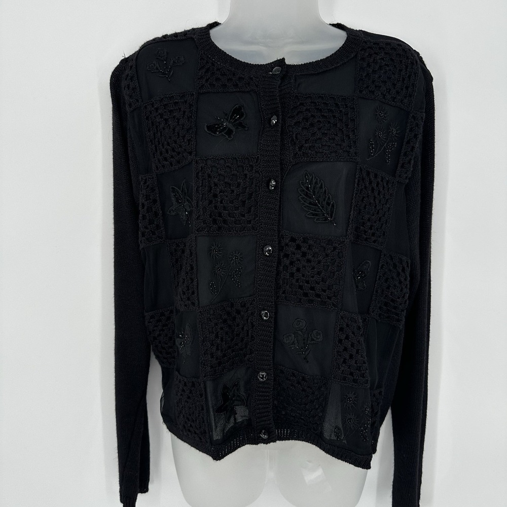 VTG Teddi Sz S Black Mesh Checkered Crochet Beaded Embroidered‎ Floral Cardigan